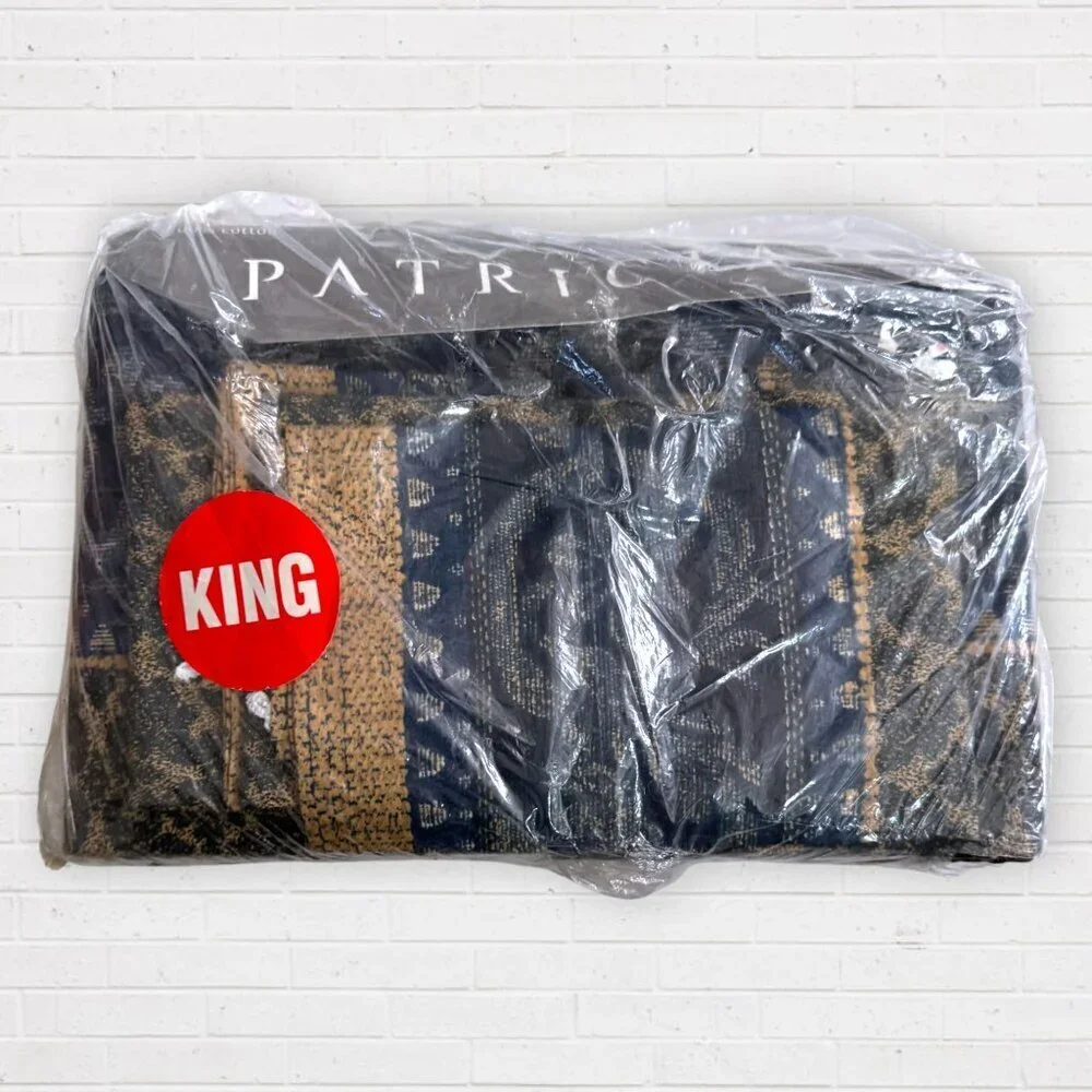 Vintage Patrician King Sheet Set 100% Cotton Navy Gold Jacquard Pattern NWT